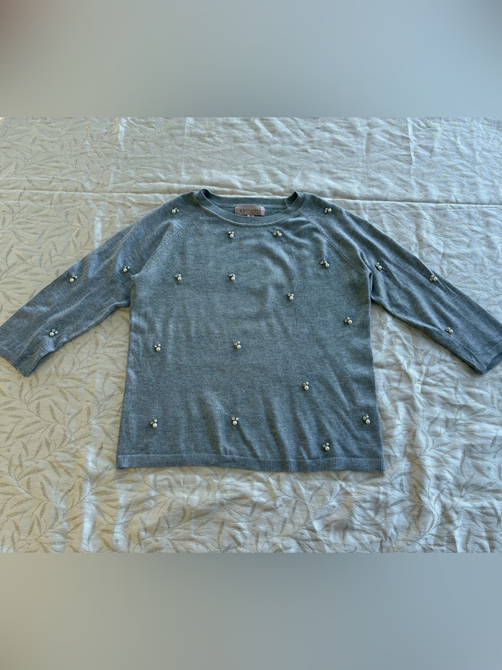 Philosophy Light Gray Pearl-Appliqué Crewneck Sweater